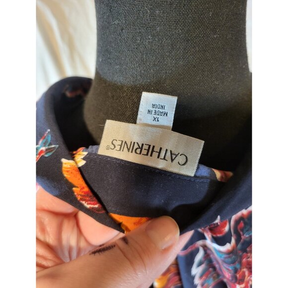 Catherines Blue Short Sleeve Top w Multicolor Leaves 1X Blouse - Picture 6 of 6